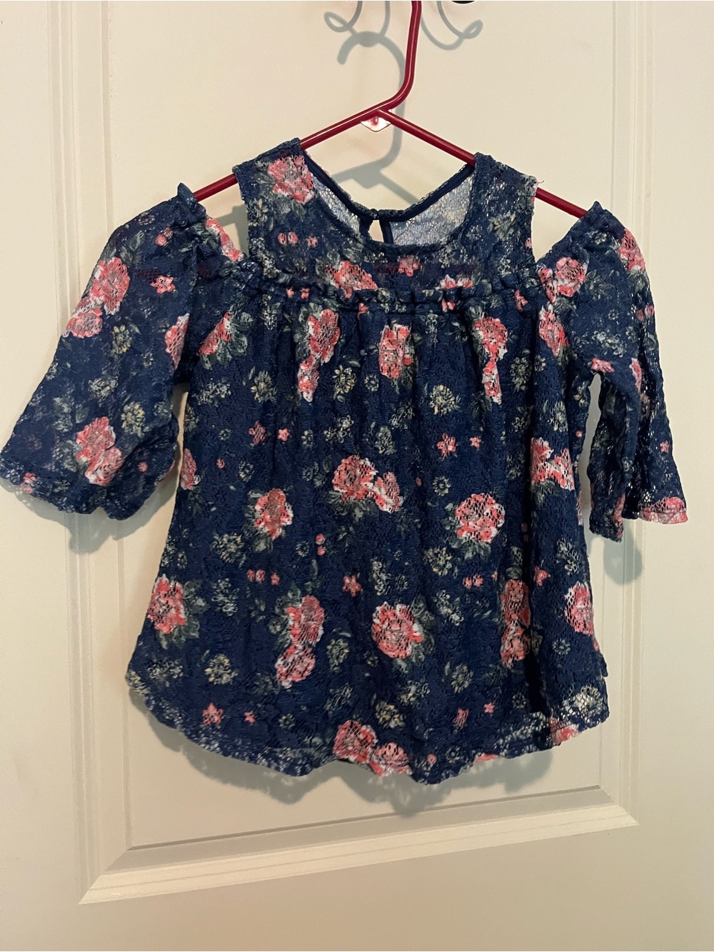 Beautees Navy Lace Floral Keyhole Top with Pink Blooms